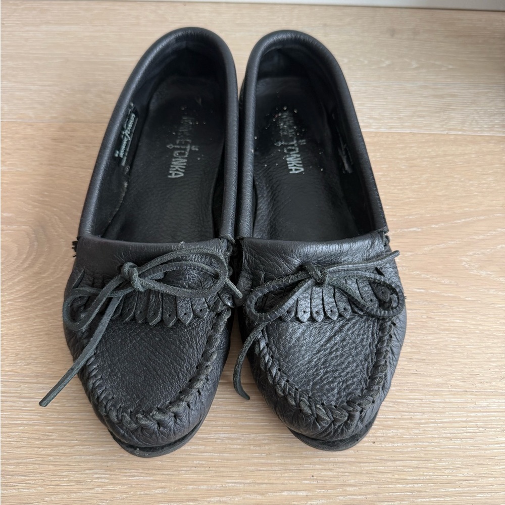 Minnetonka Black Moccasins with Fringe Tassels